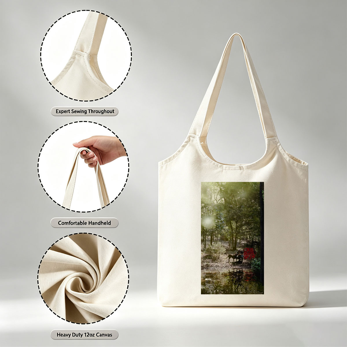 Warren Zevon in the Forest with Dog and Reflection in Water - Canvas shoulder bags/