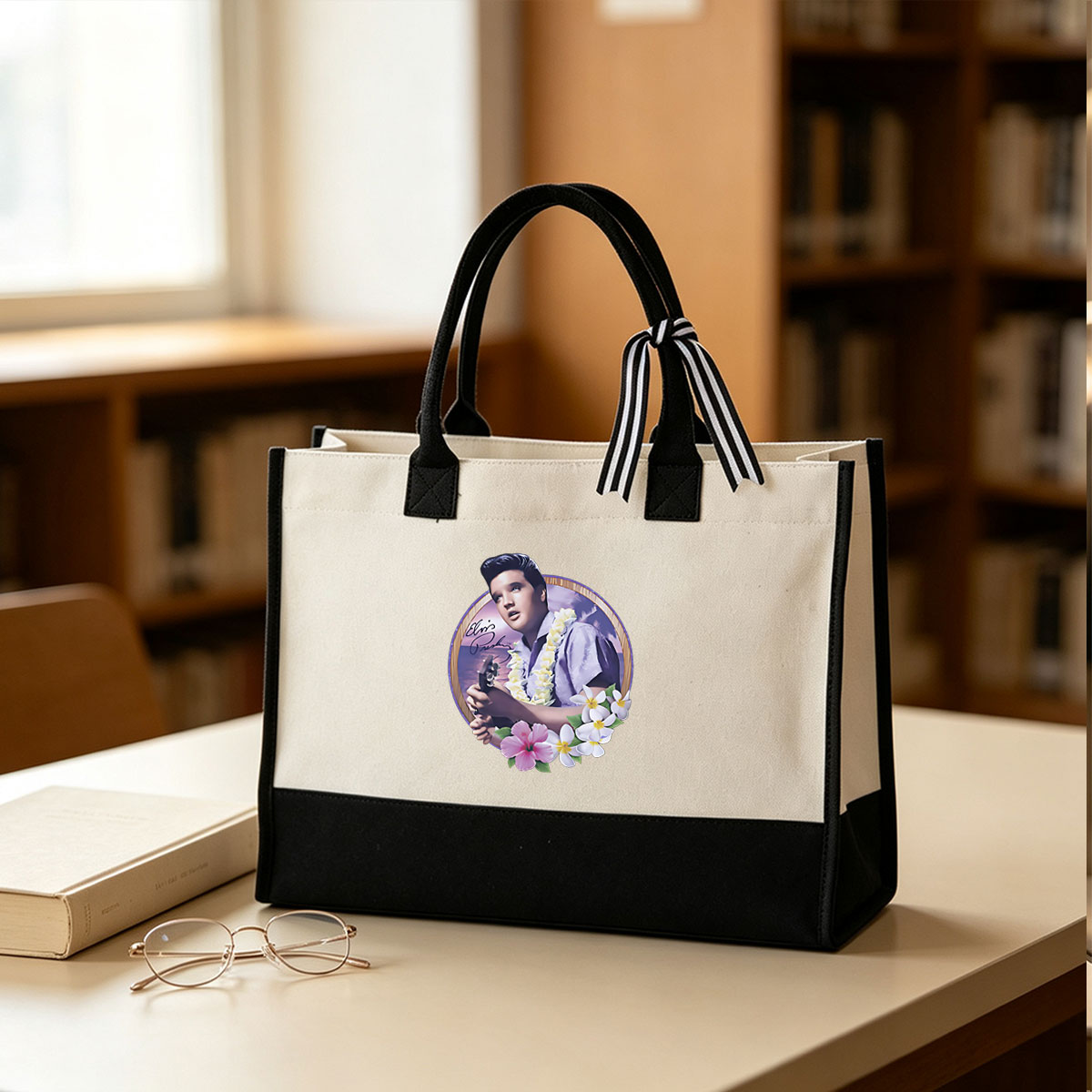 Elvis Presley in Hawaiian Shirt with Lei and Guitar, Signature Included - Canvas patchwork gift tote bag