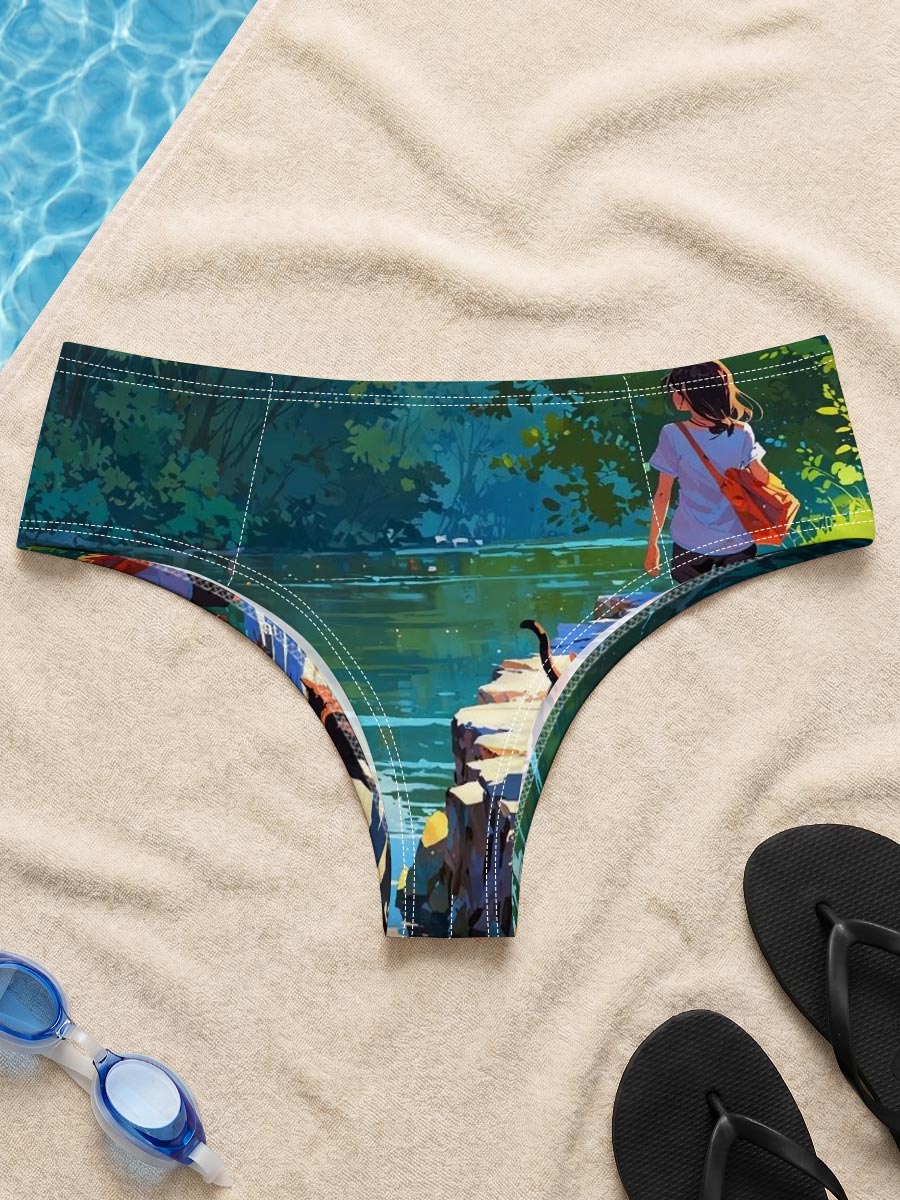 Girl and cat walking by a serene lakeside path -  Men's swim trunks