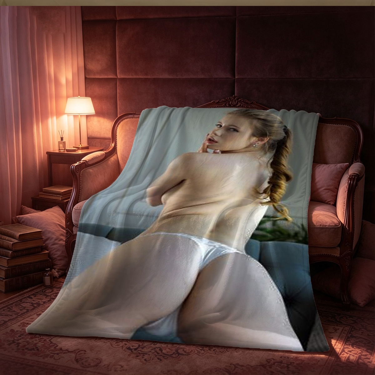 A woman in a white sheer dress leaning on a windowsill. - Blanket