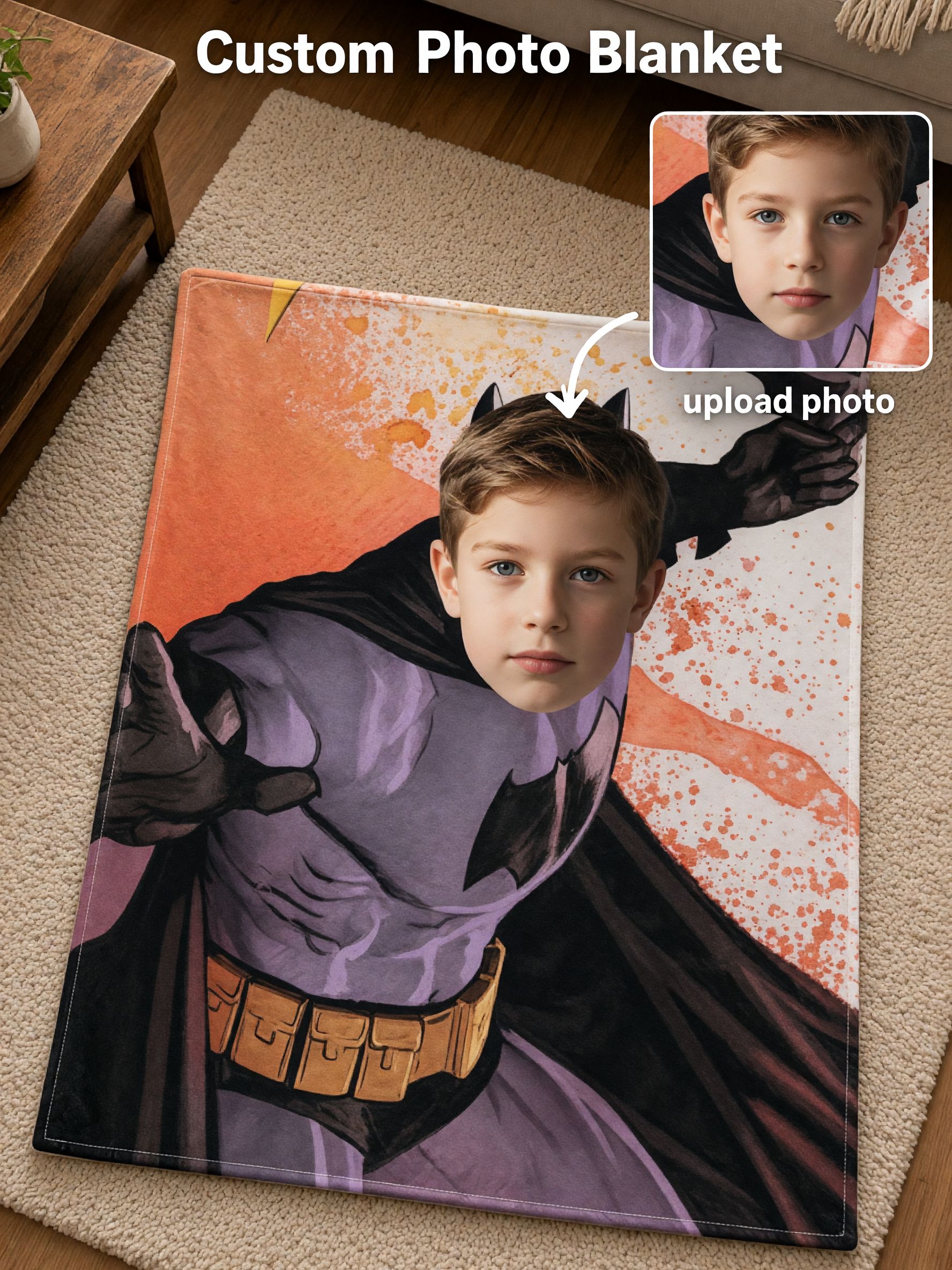 Custom Superhero Face Photo Flannel Blanket Soft Warm Personalized Fleece Throw for Kids Boys Bedroom Couch Cozy Gift