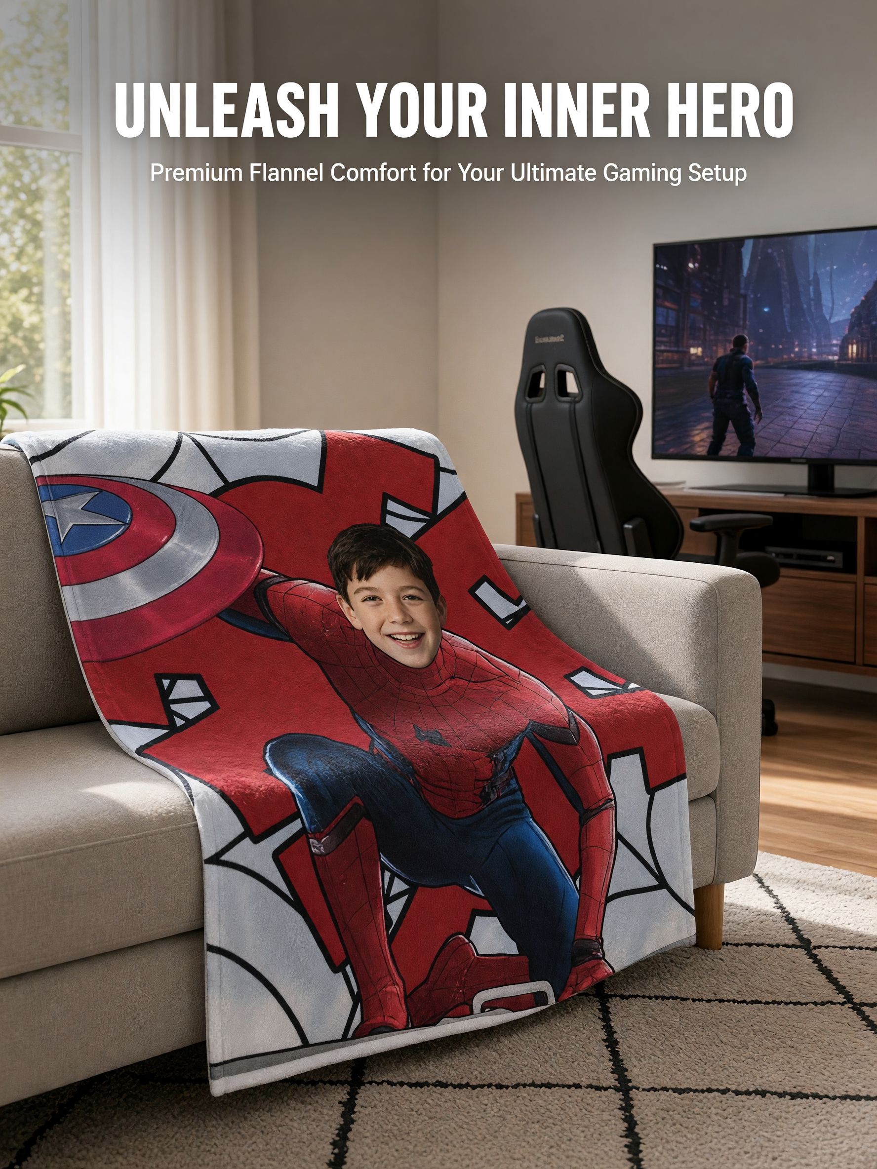 Custom Face Superhero Flannel Blanket, Personalized Photo Plush Throw for Kids and Fans, Ideal Cozy Gift