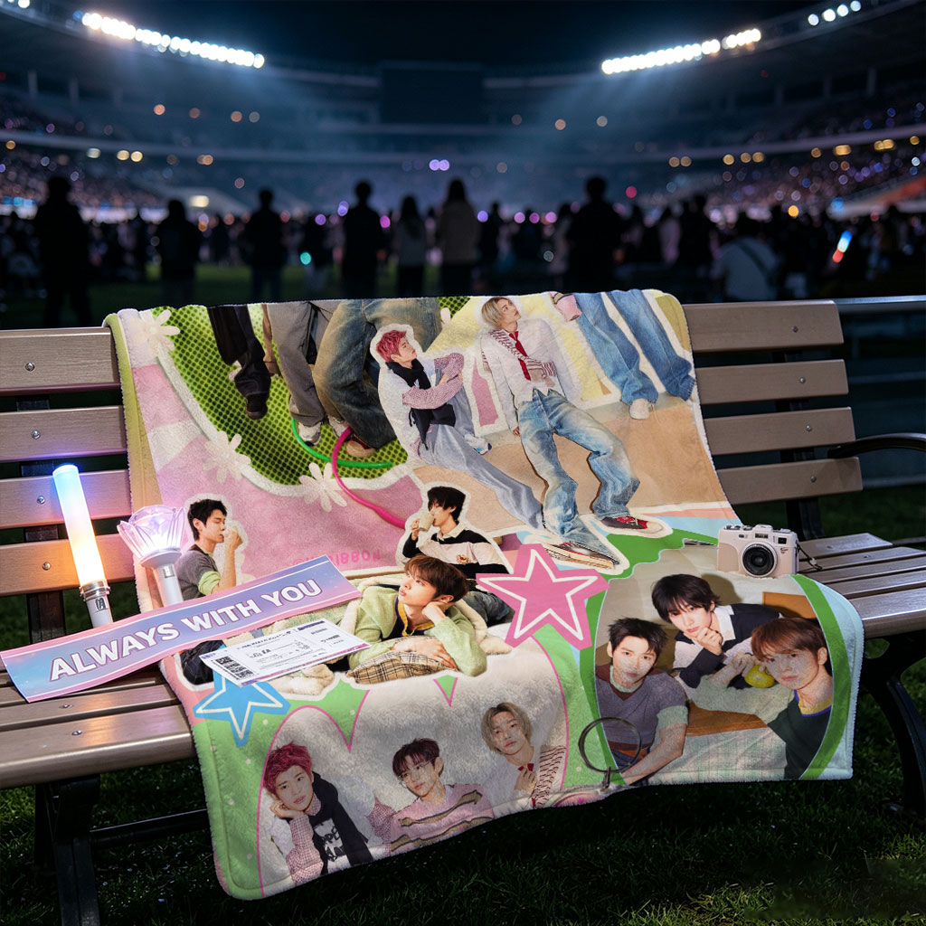 RIIZE Group in Vibrant Collage Pose with Colorful Background and Heart-Shaped Message - Blankets