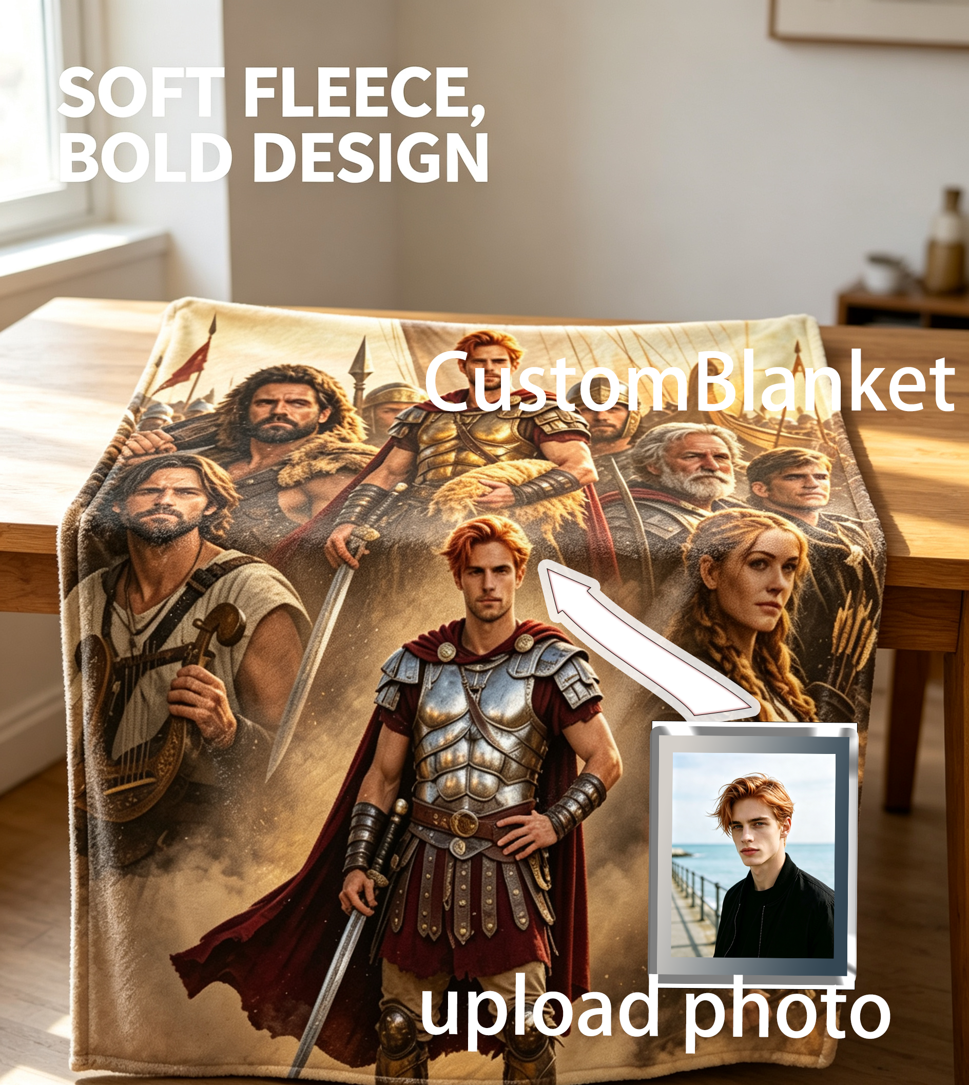 Custom Face Blanket Ancient Warrior Heroes Flannel Blanket Epic Battle Scene Gift for History Lovers and Mythology Enthusiasts