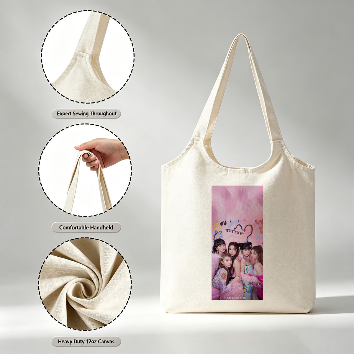 LE SSERAFIM in a Colorful Pink-Themed Photo Shoot with Playful Expressions and Vibrant Outfits - Canvas shoulder bags/