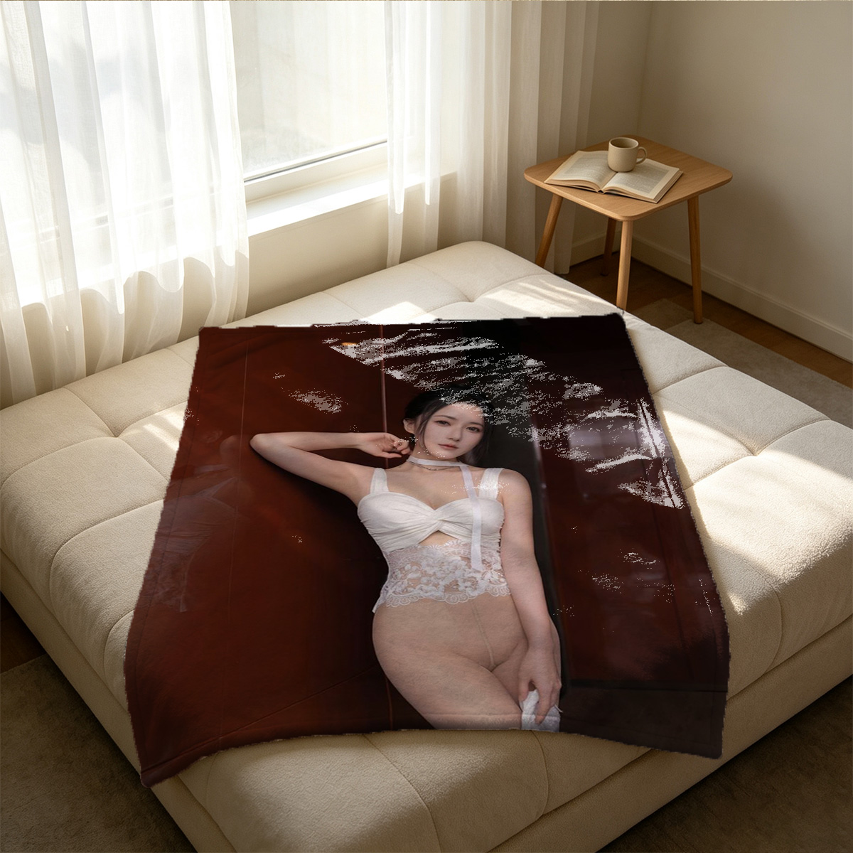 Nude Brunette in White Thong and Garter on Rug - Blanket