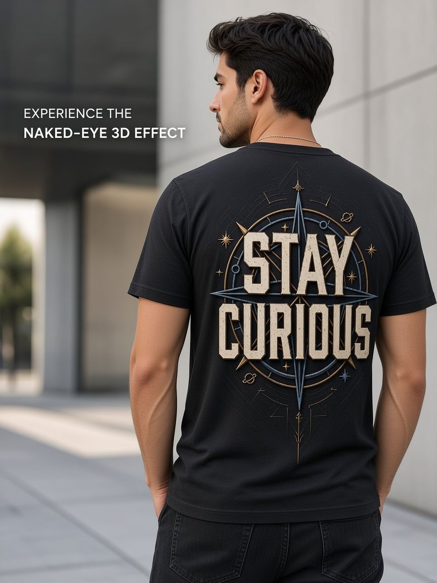 Stay Curious Compass 3D Optical Illusion Graphic Tee Breathable Athletic Mesh T-Shirt Casual Sports Wear