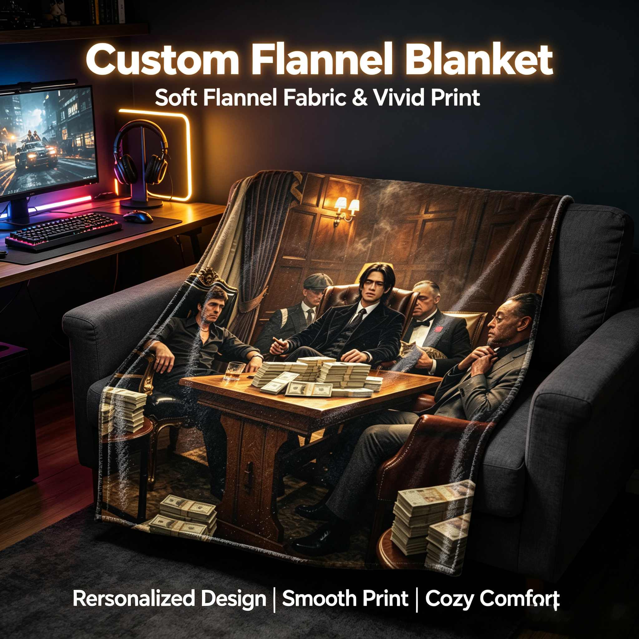 Custom Face Blanket - Gangster Meeting in Luxurious Study Room Flannel Blanket - Perfect for Movie Fans and Home Decor - Ideal Gift or Giveaway