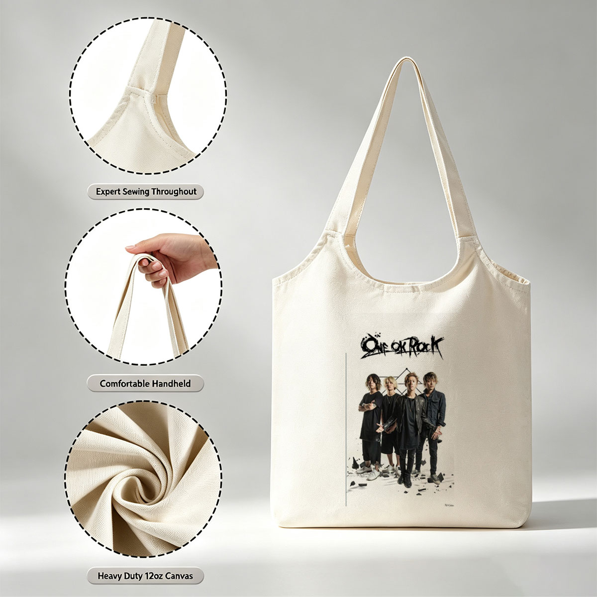 One Ok Rock Band Members Standing Together in Edgy Fashion with Broken Glass on White Background - Canvas shoulder bags/