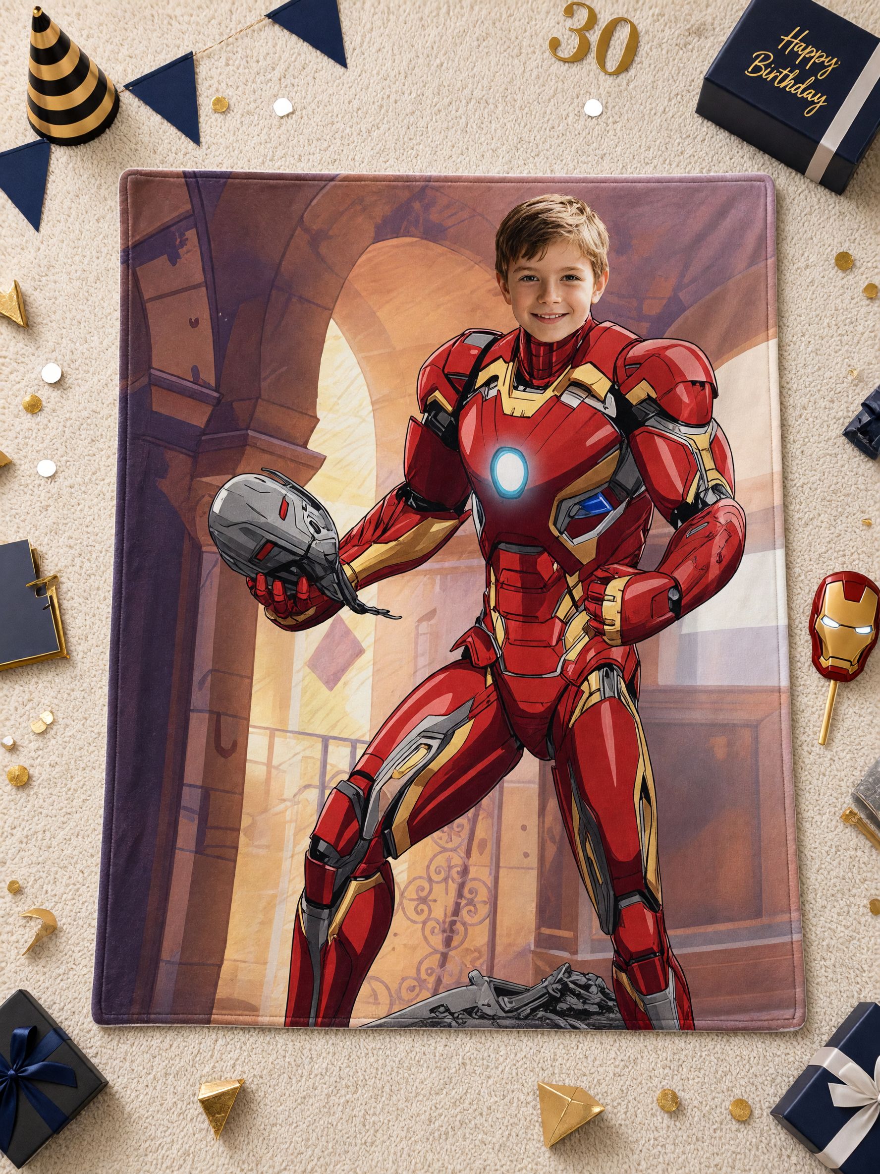 Custom Face Superhero Blanket, Personalized Photo Plush Flannel Throw, Cozy Skin-Friendly Armor Gift for Boys & Fans