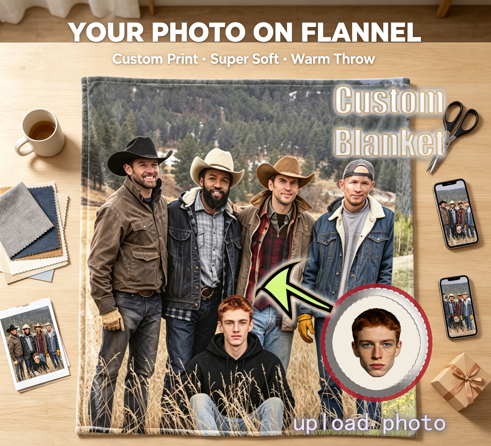Custom Face Blanket Featuring Five Men in Cowboy Hats and Ranch Attire Standing in a Mountain Field with One Sitting in Front – Flannel Blanket for Cozy Outdoor Adventures, Perfect Gift or Giveaway for Western Enthusiasts