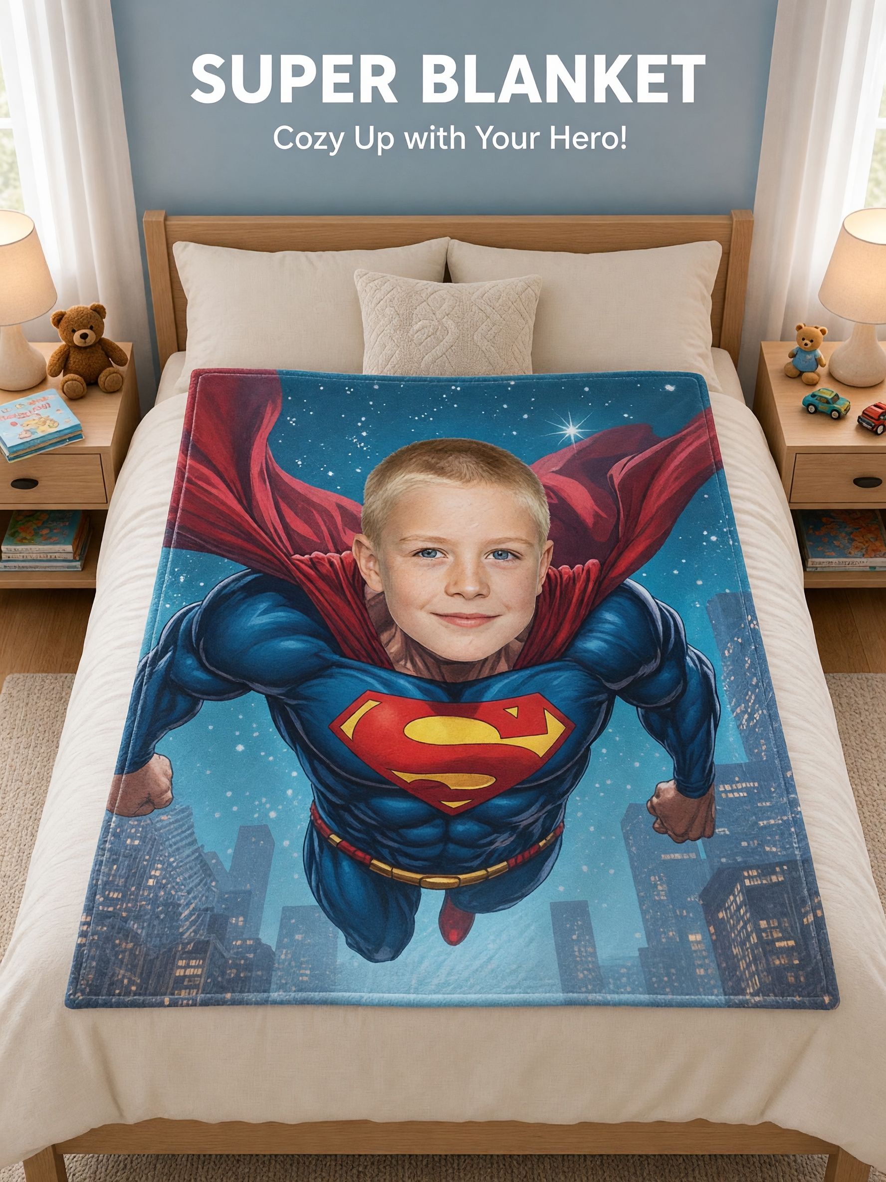 Custom Photo Superhero Flannel Fleece Blanket Personalized Face Throw for Bed Couch Ideal Cozy Birthday Gift for Kids
