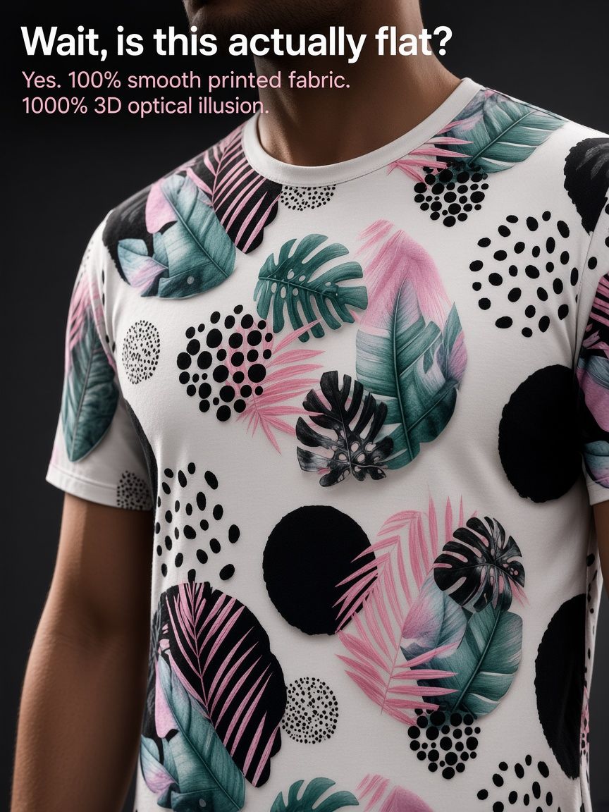 Tropical Botanical Leaves 3D Optical Illusion Graphic Tee Breathable Athletic Mesh T-Shirt Casual Sports Wear
