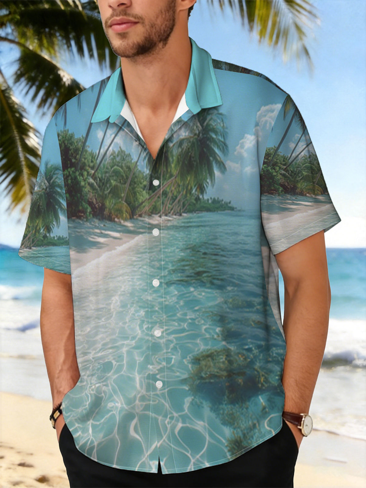 Tropical Beach with Crystal Clear Water and Palm Trees -  Shirt