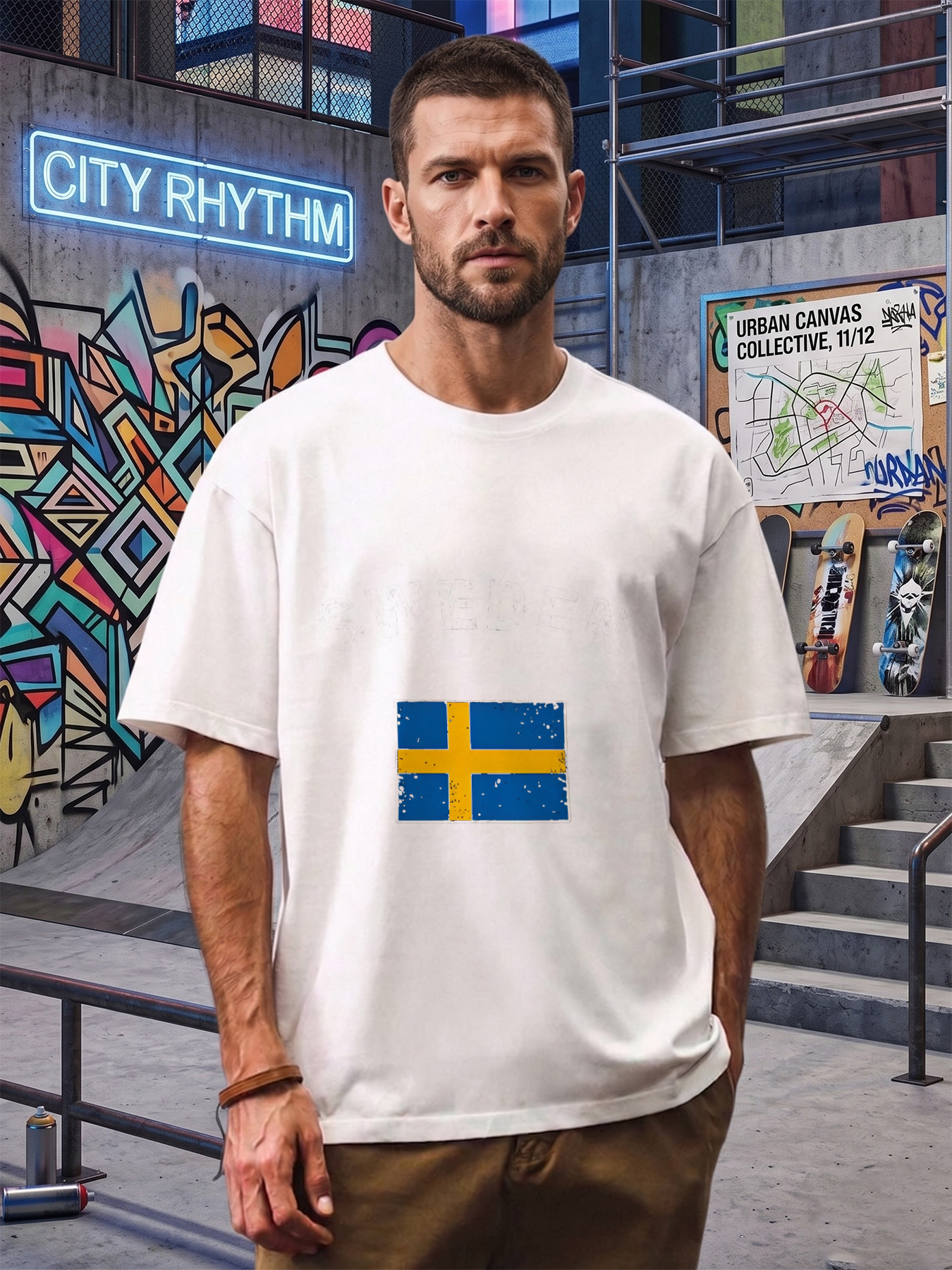 Men's Printed T-Shirt Sweden Flag Design with Distressed Text and National Emblem Casual Round Neck Summer Lightweight Breathable Short Sleeve Tee for Travel, Outdoor Activities, and Everyday Wear for Adults and Fans of Scandinavian Culture