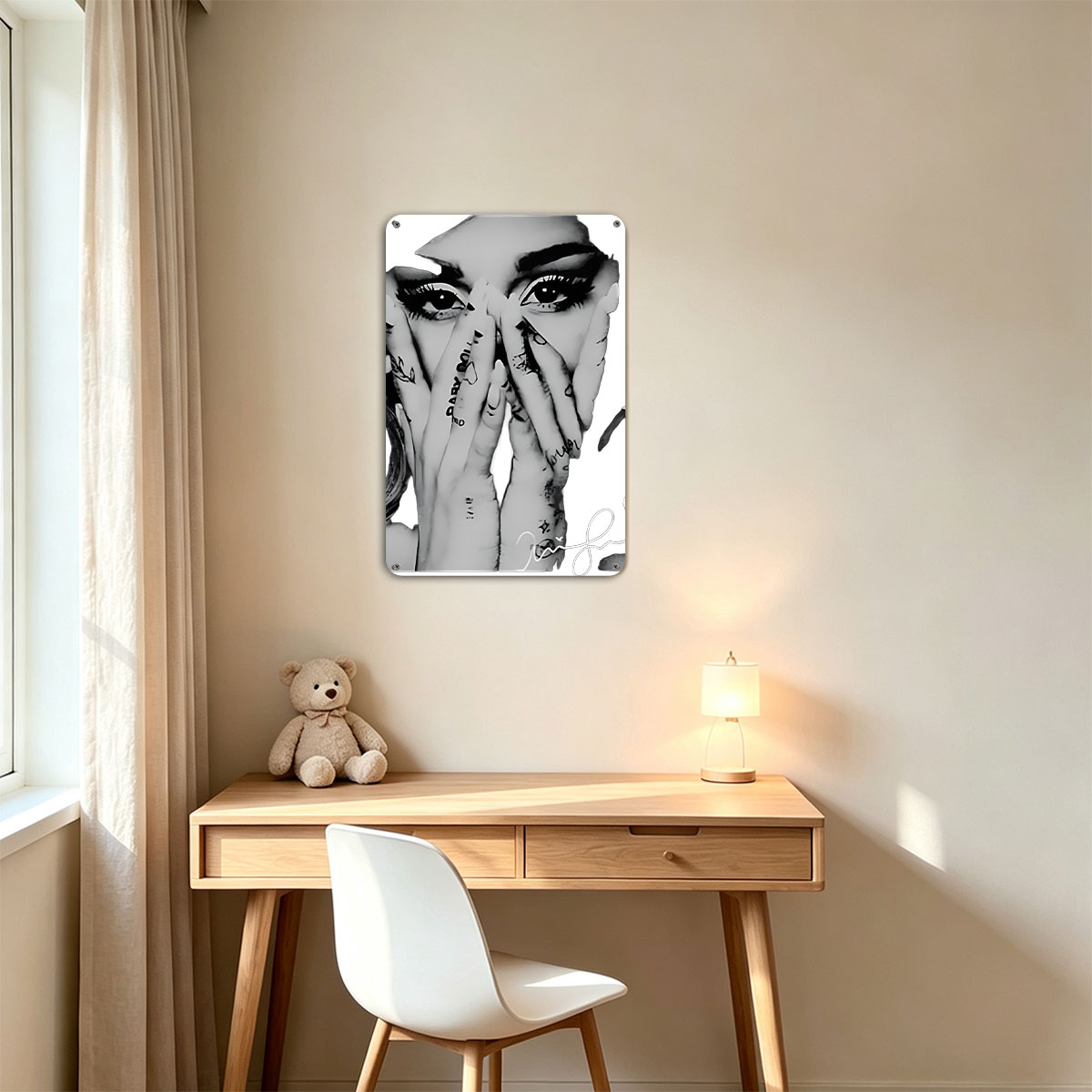 Lady Gaga: Dramatic Monochrome Portrait with Tattooed Hands and Signature - painting