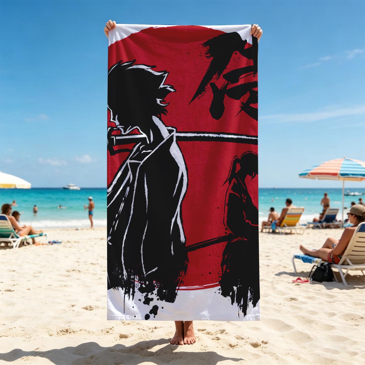 Samurai Silhouettes with Katana Against Red Moon Background - Beach towels