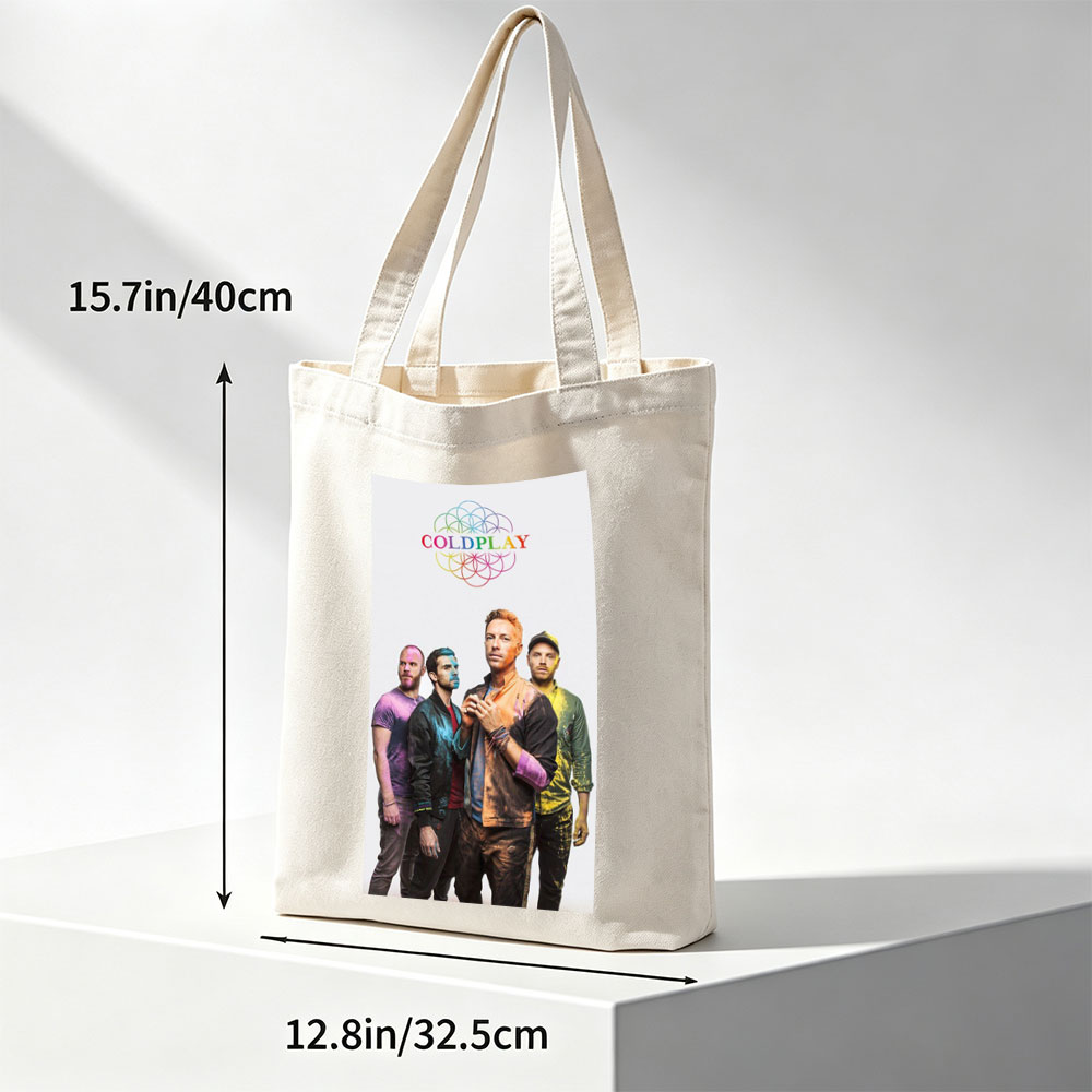 Coldplay Band Members in Colorful Painted Outfits Standing Together with Rainbow Logo Above - Canvas tote bags