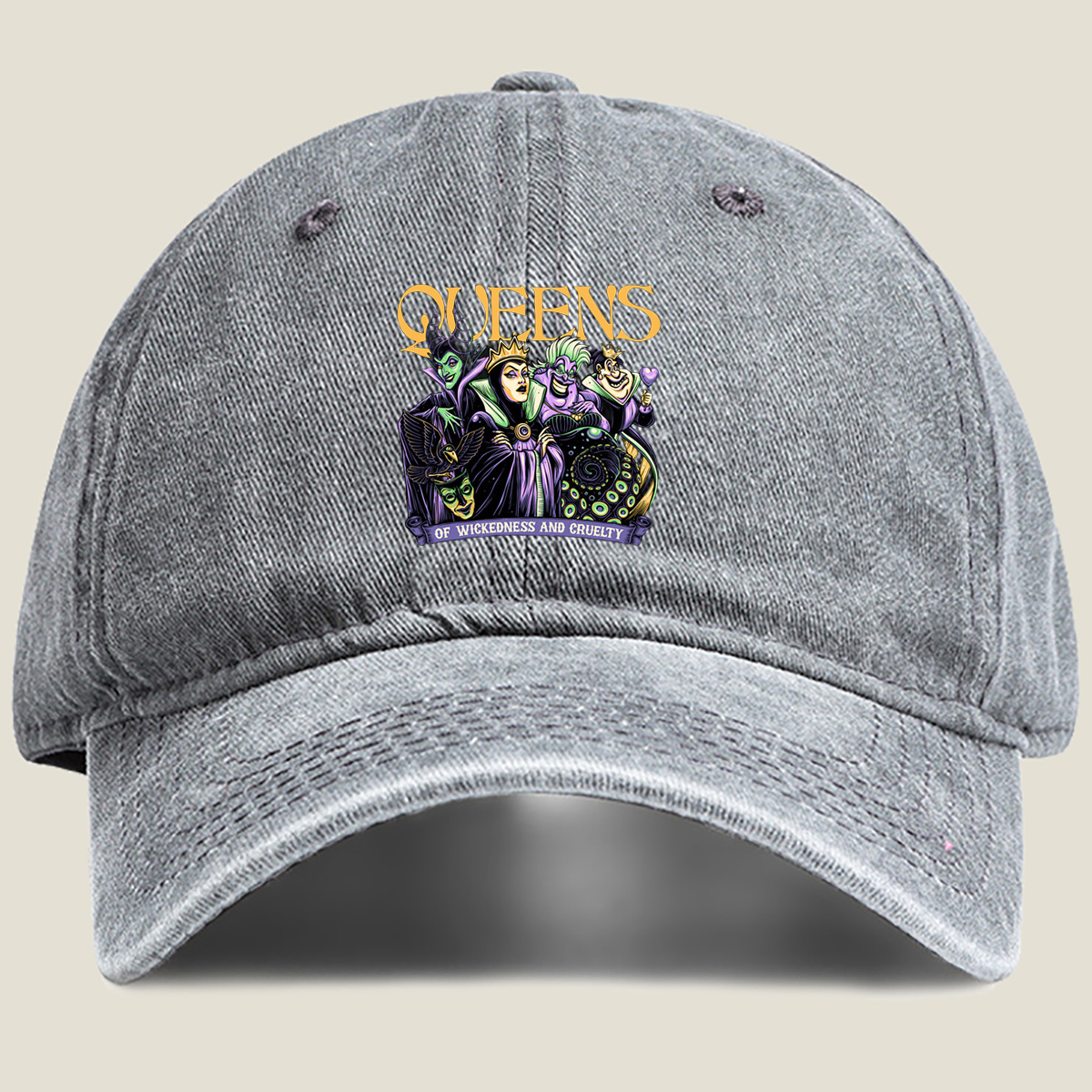Queens of Wickedness and Cruelty: Maleficent, Evil Queen, Ursula, and Queen of Hearts - Washed Denim - Baseball Cap