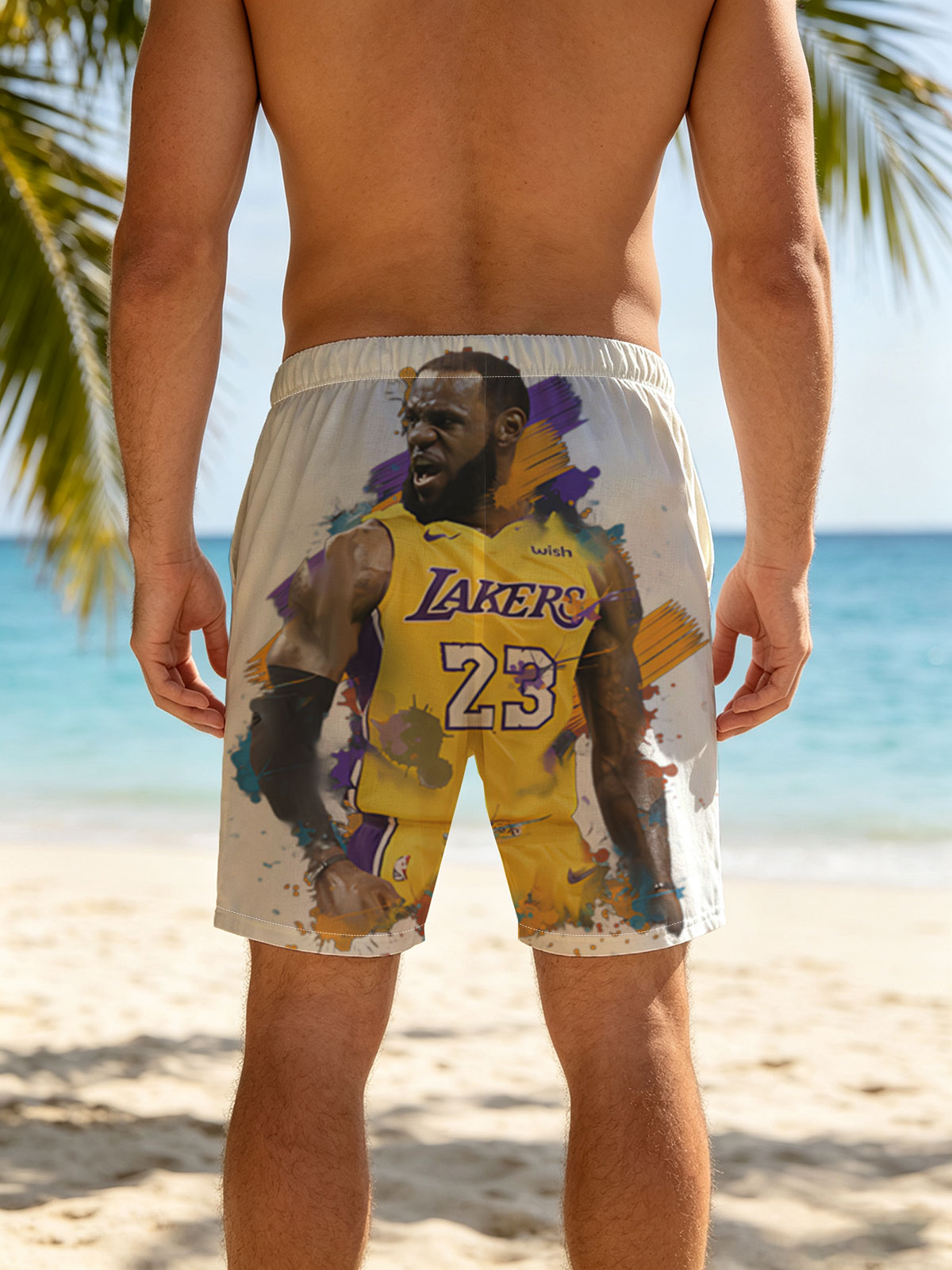 LeBron James in Lakers Jersey, Number 23, Dynamic Artwork -  Beach shorts