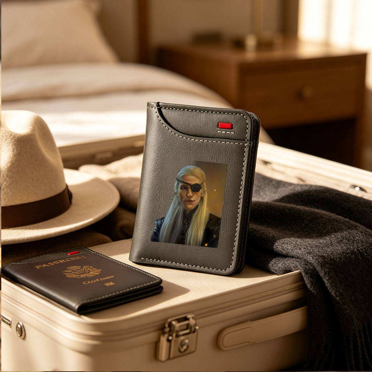 Aethelred, the Silver-Eyed Warrior with Long White Hair and Eye Patch - Vertical Style Wallet