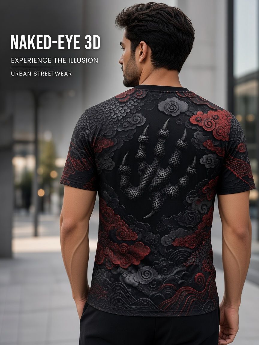 Japanese Dragon 3D Optical Illusion Graphic Tee Breathable Athletic Mesh T-Shirt for Casual and Sports Wear