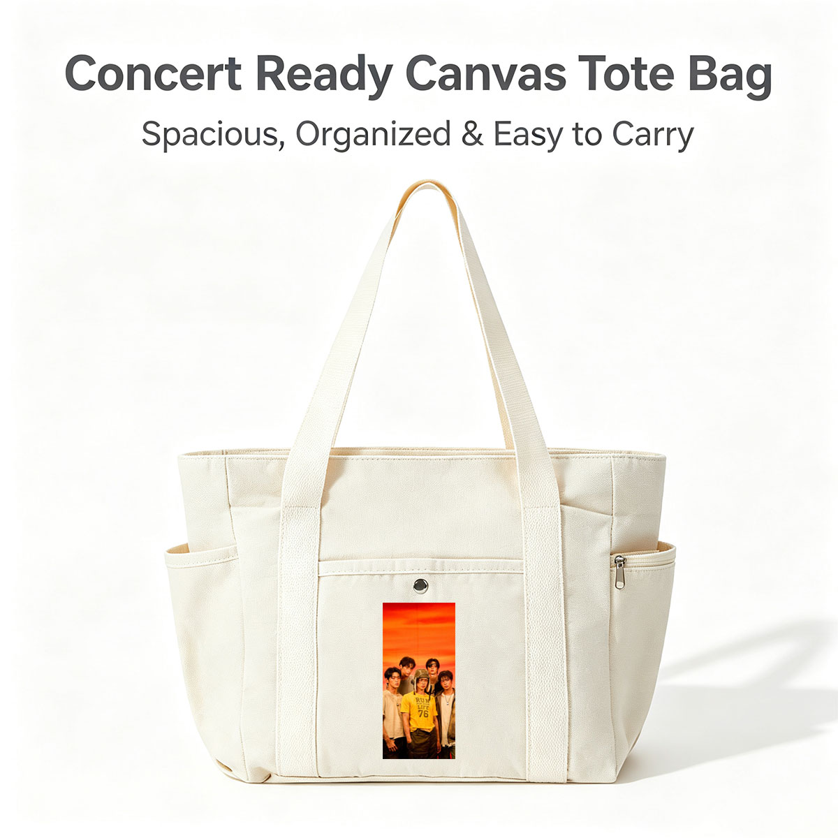 TXT Members in a Bold Group Pose Against a Vibrant Orange Sky Background - Multi-pocket bags