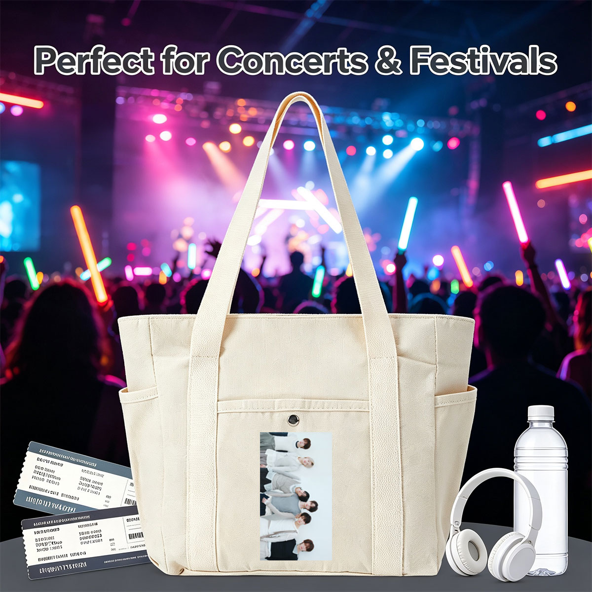 TOMORROW X TOGETHER Members Lying on White Background in Coordinated Outfits - Multi-pocket bags