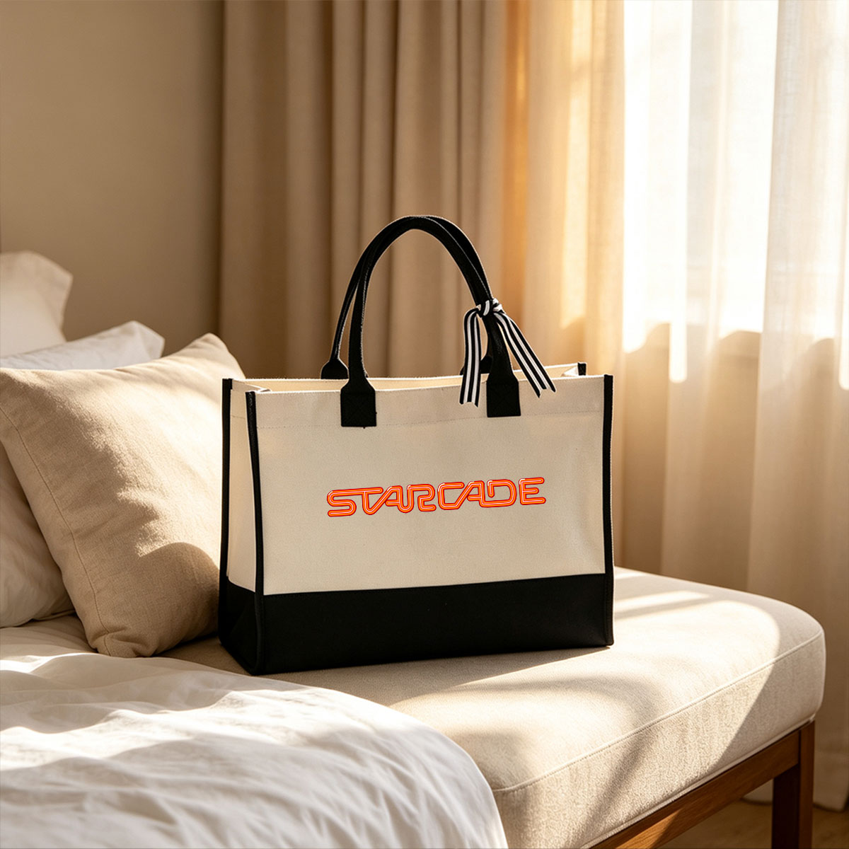 Starcade: Neon Logo Featuring Bold Orange Lettering - Canvas patchwork gift tote bag
