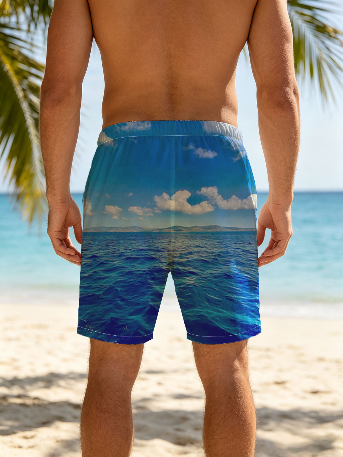 Azure Sea Under Blue Sky with White Clouds -  Beach shorts