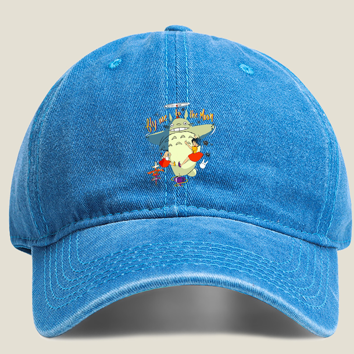 Totoro, Mei, and Satsuki Flying to the Moon - Washed Denim - Baseball Cap