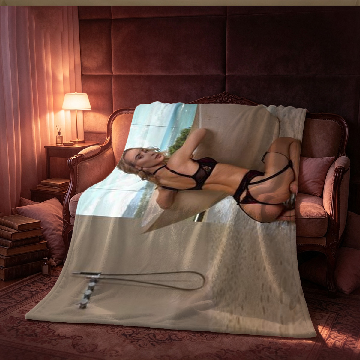 Aiko in orange micro bikini sitting on green couch - Blanket
