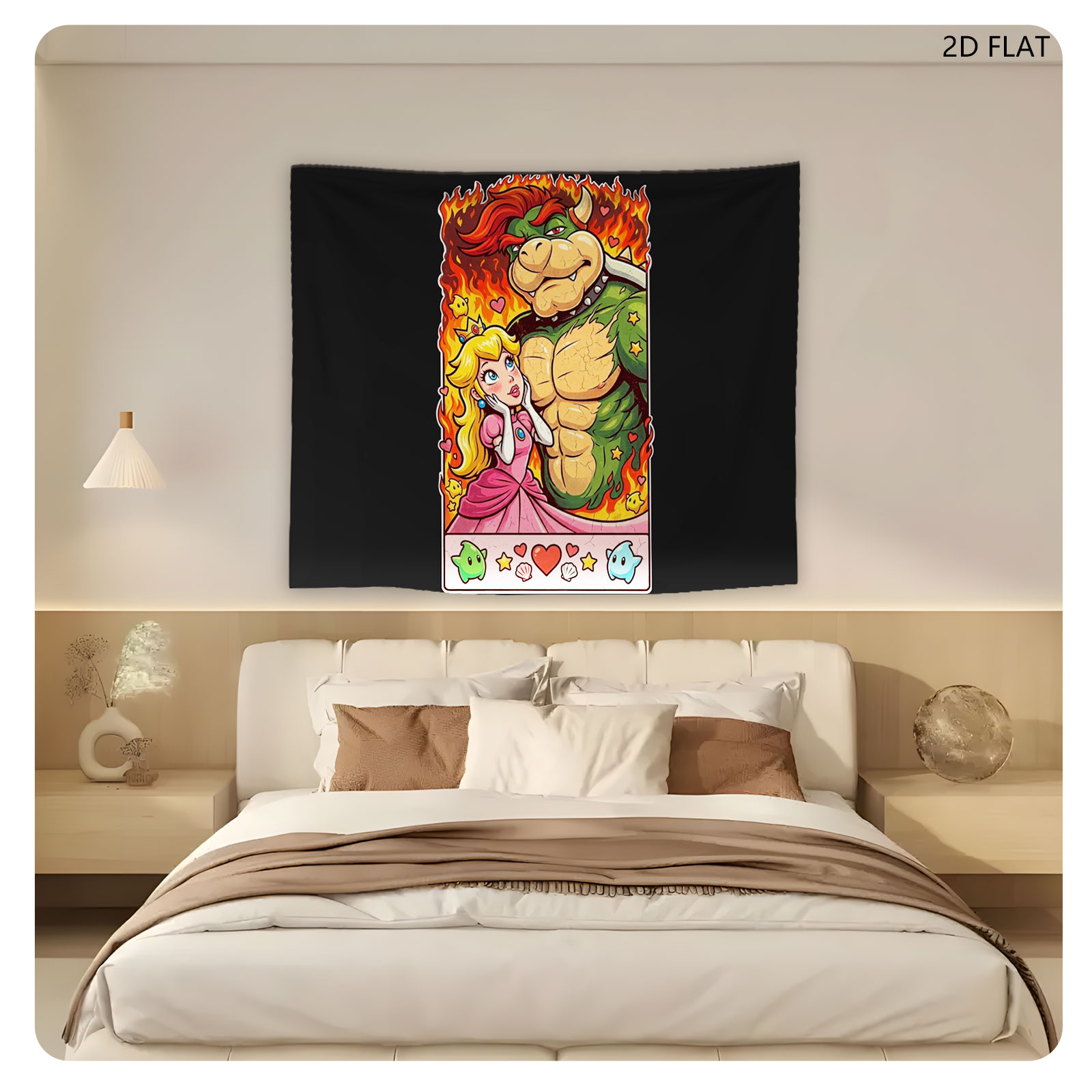 Bowser and Princess Peach in a fiery romantic scene, surrounded by hearts, stars, and mushrooms. - Tapestry