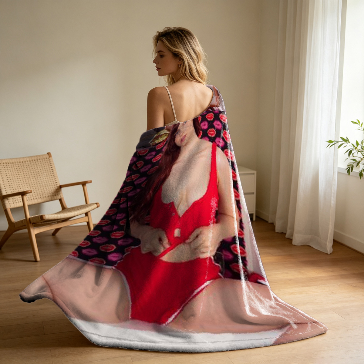 Russian model in colorful sheer bra with long wavy blonde hair - Blanket
