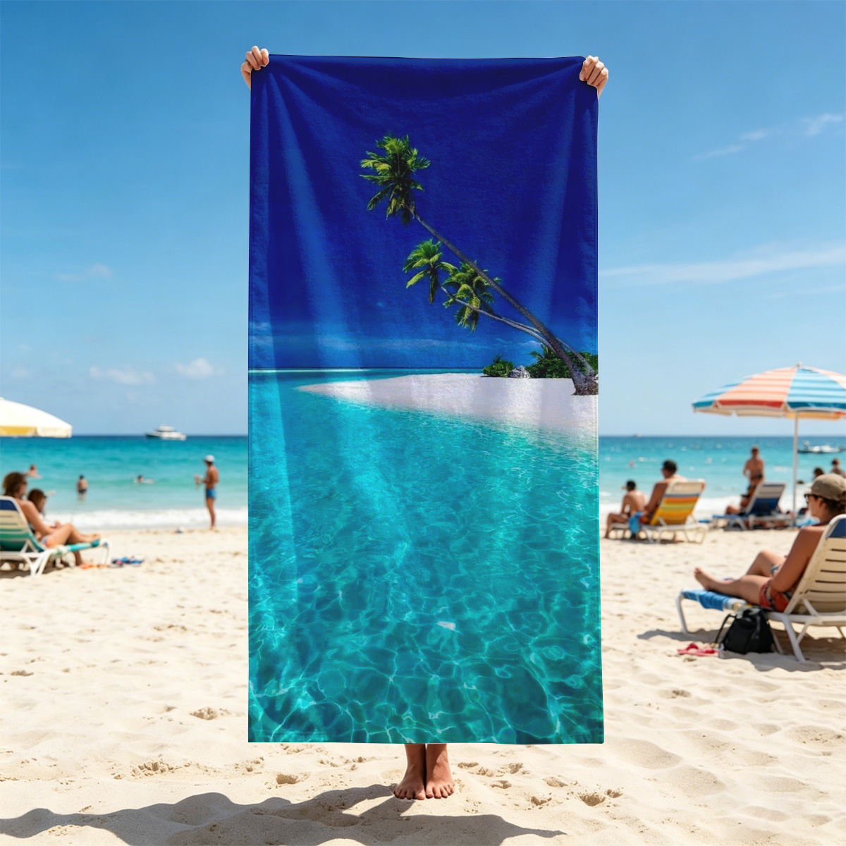 Serene tropical beach with crystal clear turquoise water and leaning palm trees under a vibrant blue sky. - Beach towels