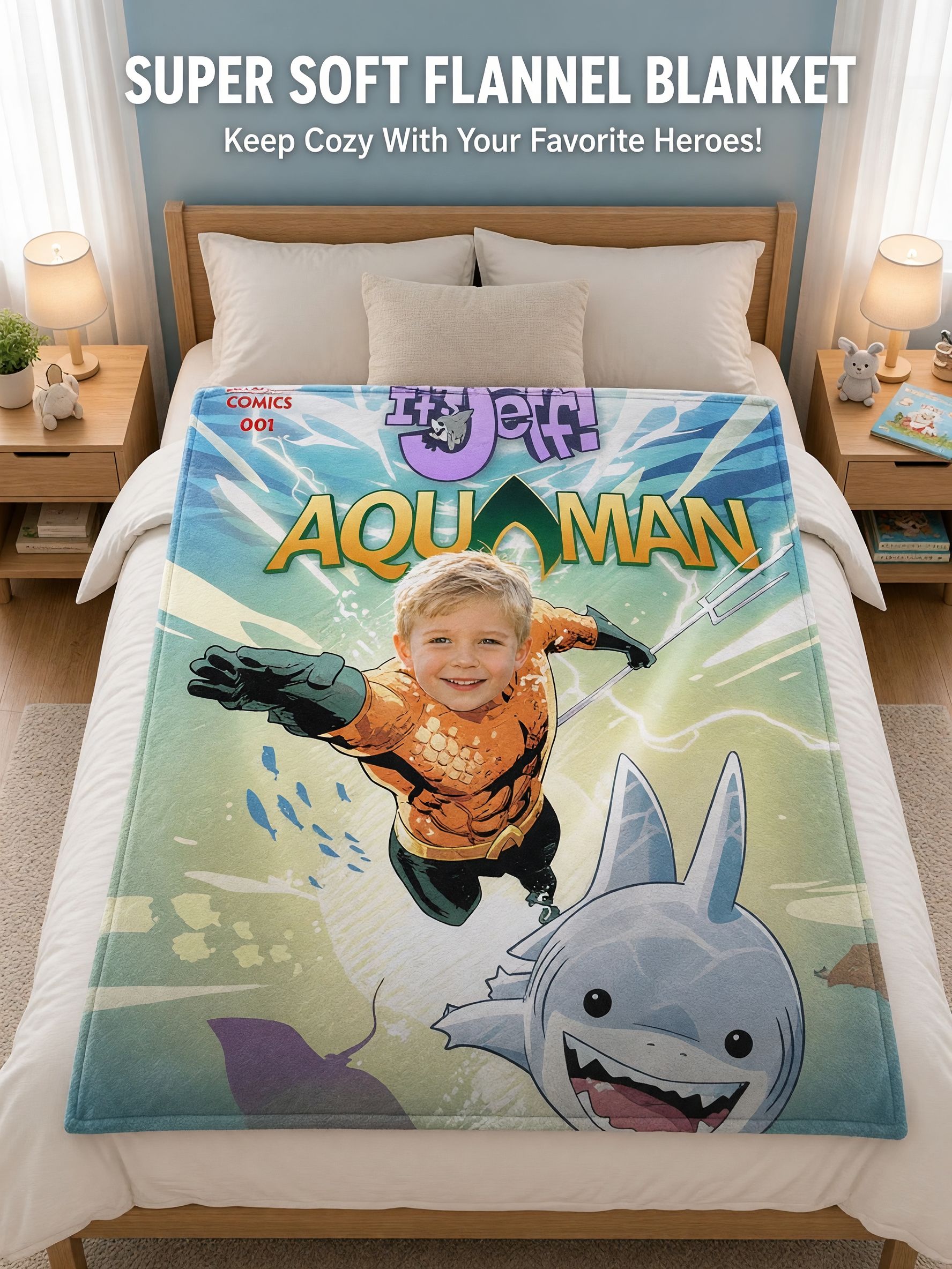 Custom Face Superhero Comic Book Flannel Blanket, Personalized Photo Soft Plush Fleece Throw for Kids and Adults