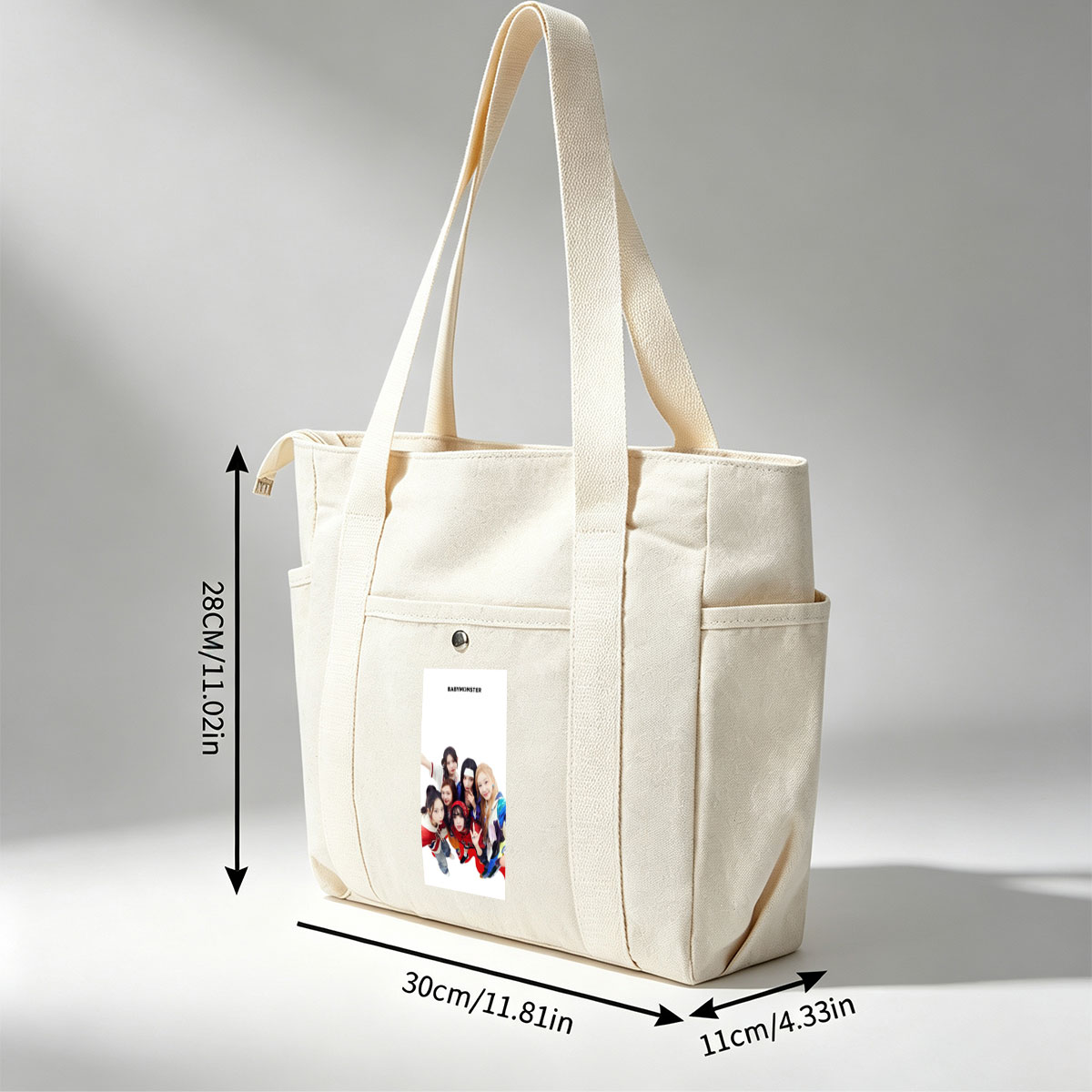 BABYMONSTER Group Photo - Five Members Posing Playfully in Colorful Outfits Against White Background - Multi-pocket bags