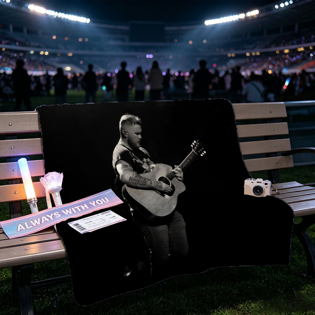 Brantley Gilbert Playing Acoustic Guitar on Stage in Black and White - Blankets