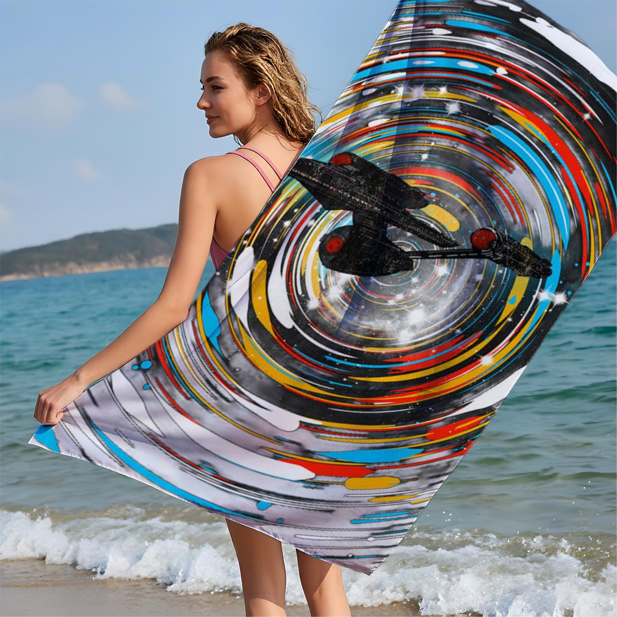 Star Trek Enterprise in Warp Speed Through Cosmic Vortex - Beach towels