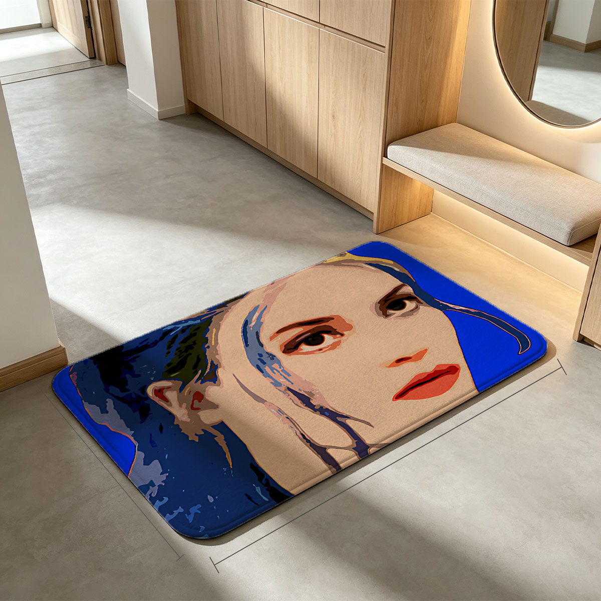 Portrait of a Woman with Blue Hair and Bold Colors - Flannel floor mat