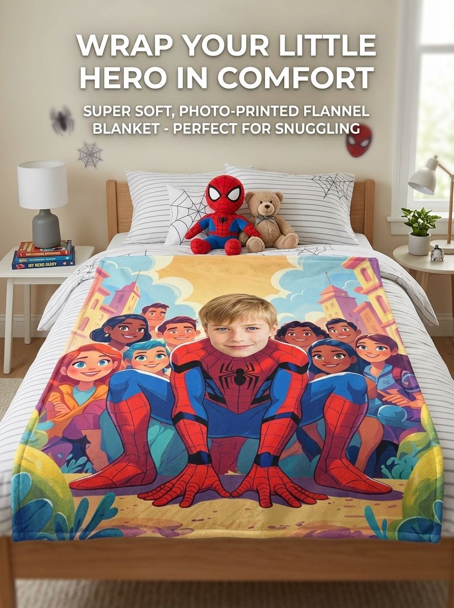 Custom Photo Superhero Flannel Fleece Blanket Personalized Face Portrait Throw for Kids Bed Couch Travel Gift