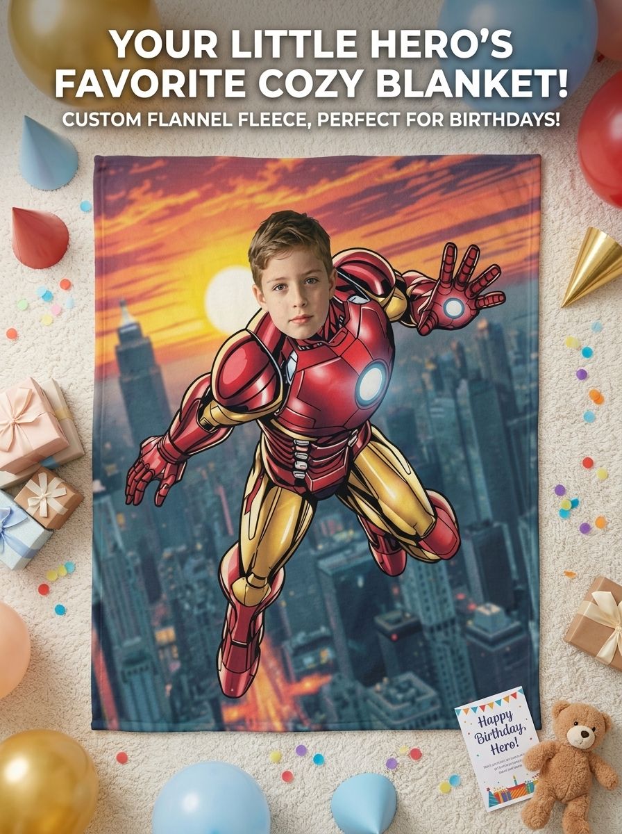 Custom Face Photo Superhero Flannel Blanket Ultra Soft Anti Pilling Personalized Keepsake Gift for Kids and Adults
