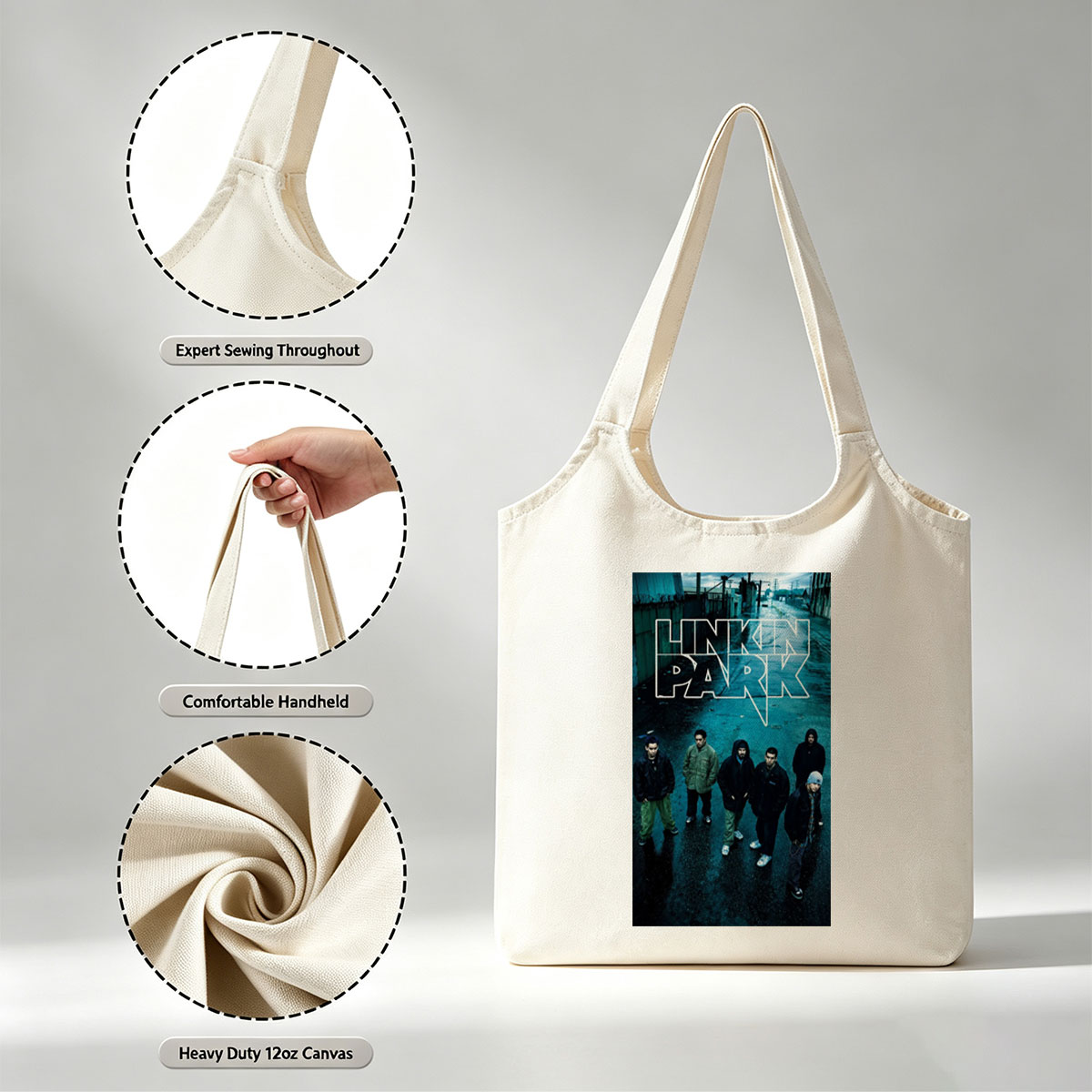 Linkin Park Band Standing in a Rainy Industrial Alleyway with Bold Logo Overlay - Canvas shoulder bags/