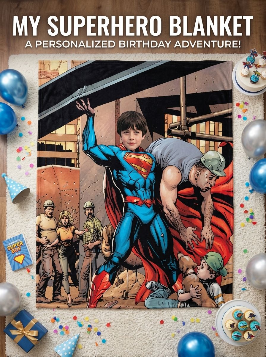 Custom Photo Superhero Flannel Blanket, Personalized Comic Hero Throw, Cozy Soft Keepsake Gift for Kids and Adults