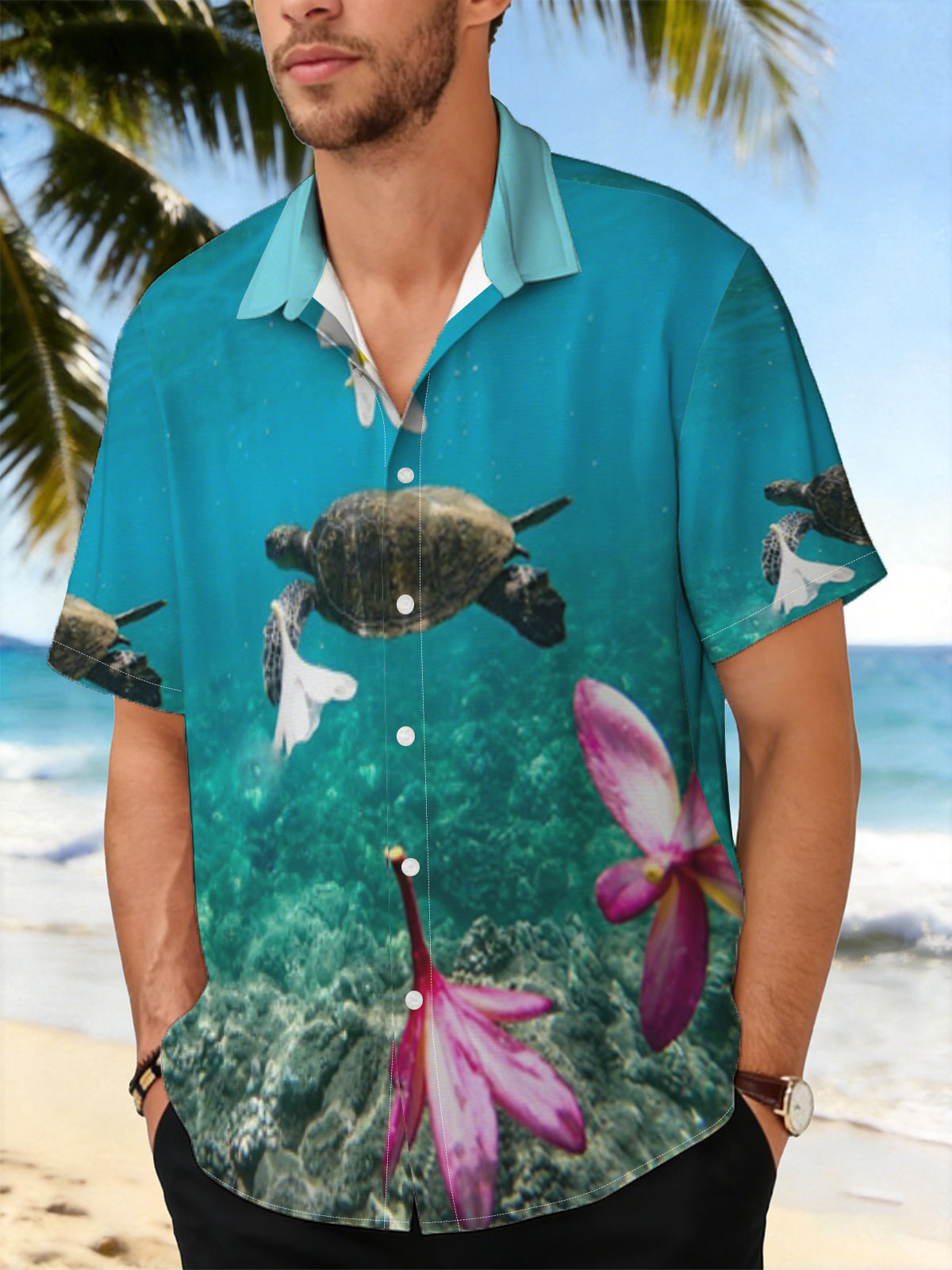 Sea Turtle Swimming Among Floating Flowers Underwater -  Shirt