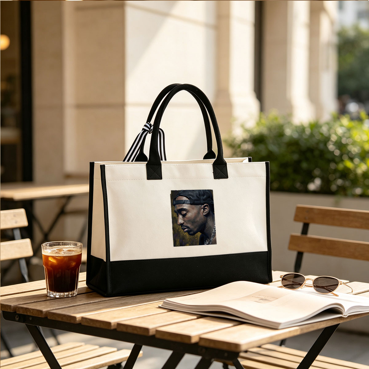 Tupac Shakur Portrait in Profile with Cap and Chain - Canvas patchwork gift tote bag