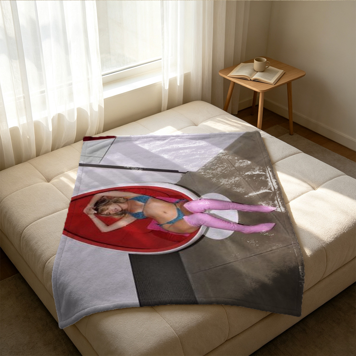 Aubrey Kate in pink lingerie and plaid shirt, lying seductively on bed. - Blanket
