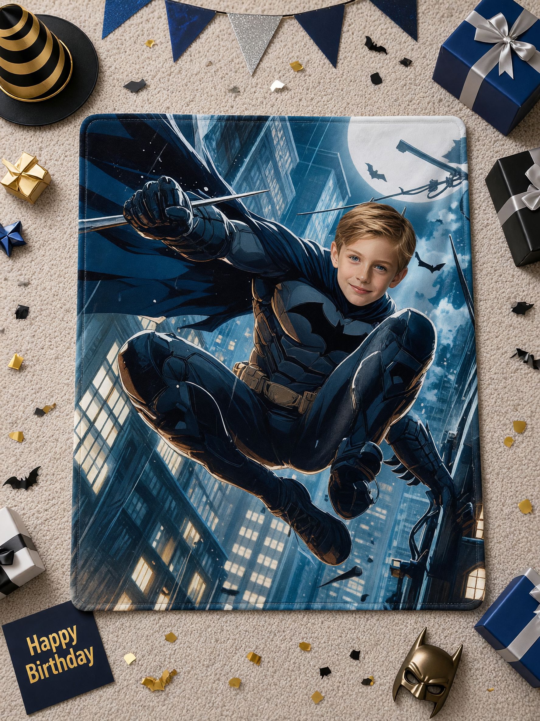 Personalized Superhero Photo Blanket, Custom Face Soft Flannel Throw, Cozy Skin-Friendly Bedding, Ideal Gift for Kids