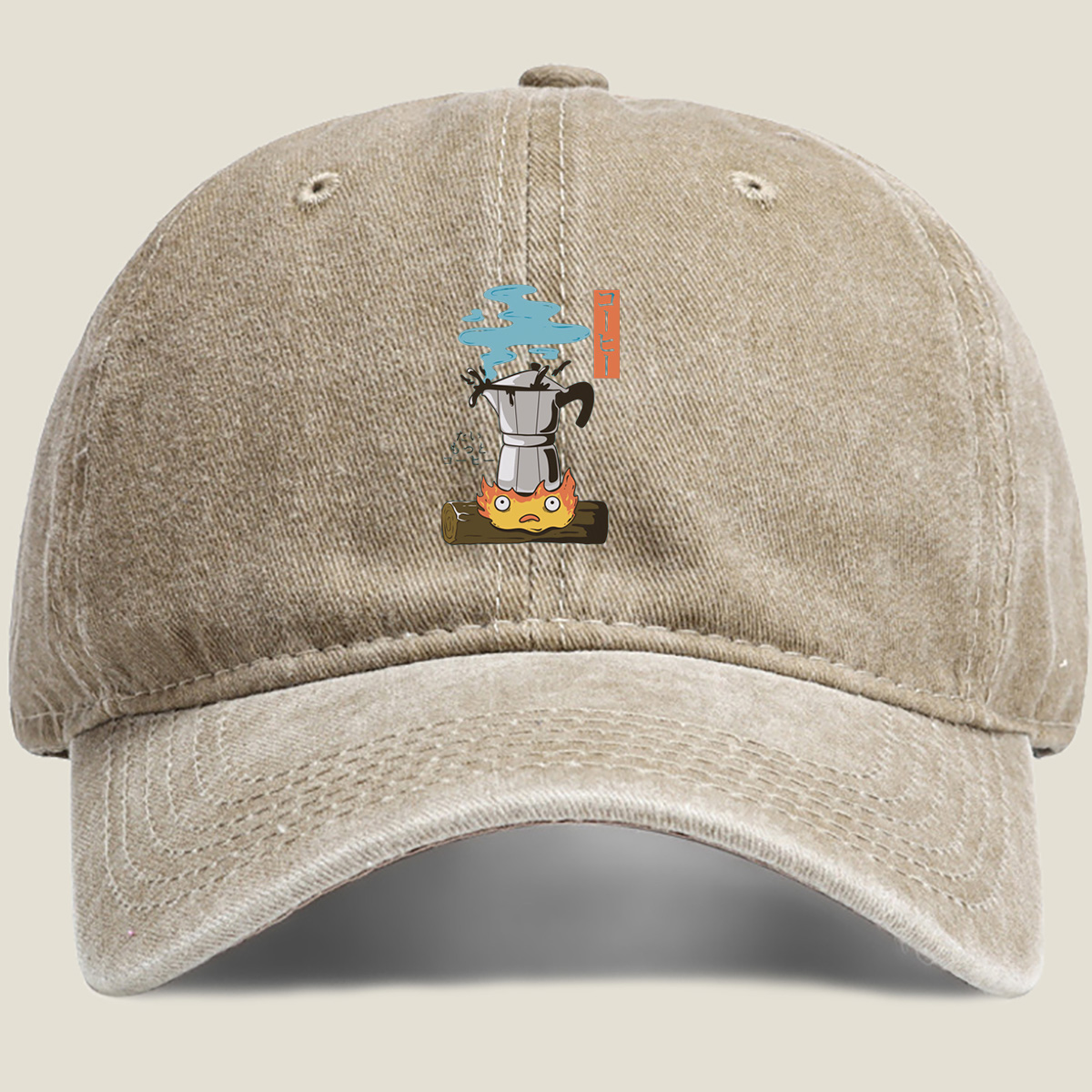 Coffee Pot and Flame Character - Washed Denim - Baseball Cap
