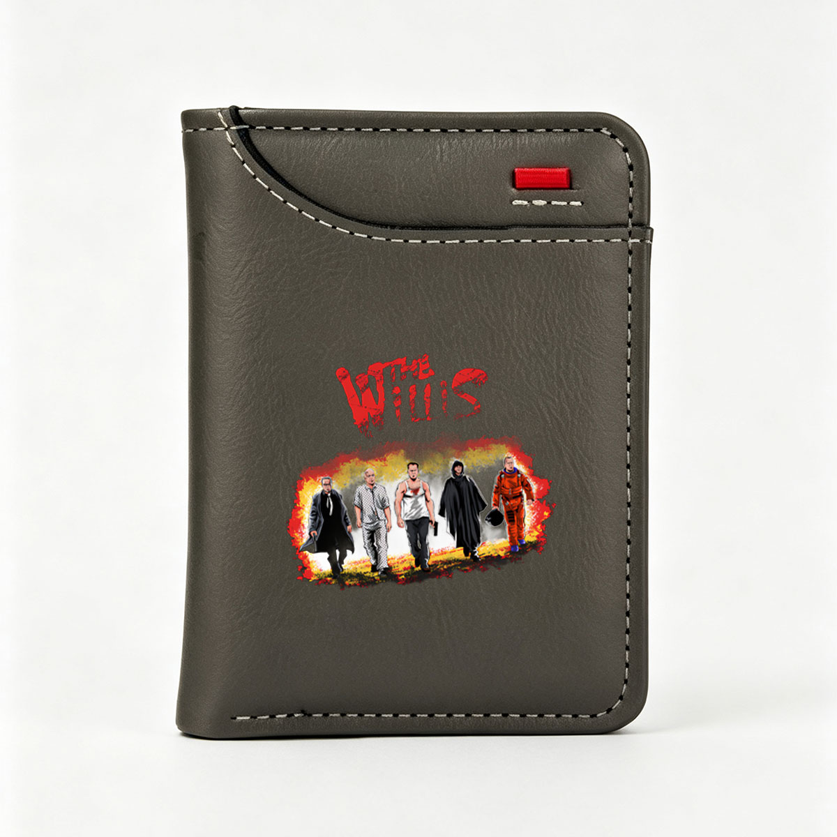 The Willis: A Group of Iconic Characters in Distinct Outfits, Including a Priest, Patient, Tank-Top Man, Hooded Figure, and Astronaut, Set Against a Fiery Background - Vertical Style Wallet